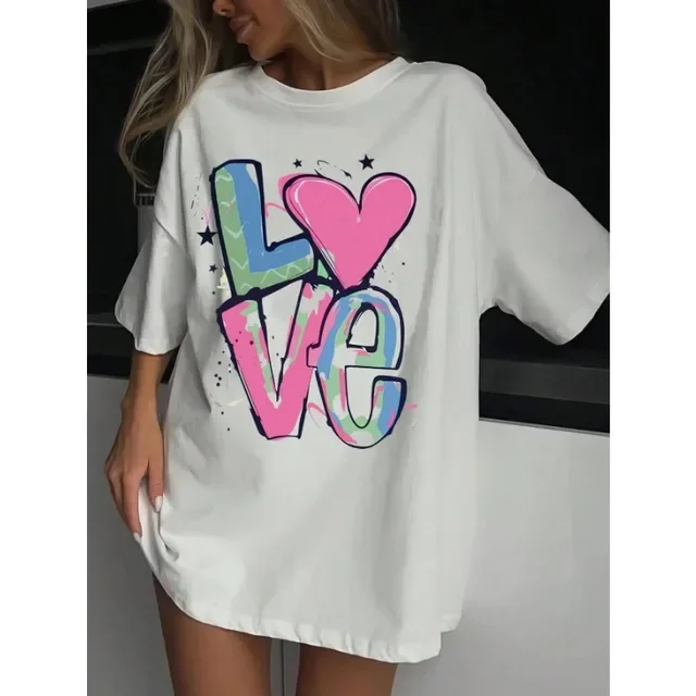 

Cotton Women T-Shirt Color Graffiti Letter Love Printed Tees Soft Casual Street Short Sleeve Sports Breathable T-Shirt Female