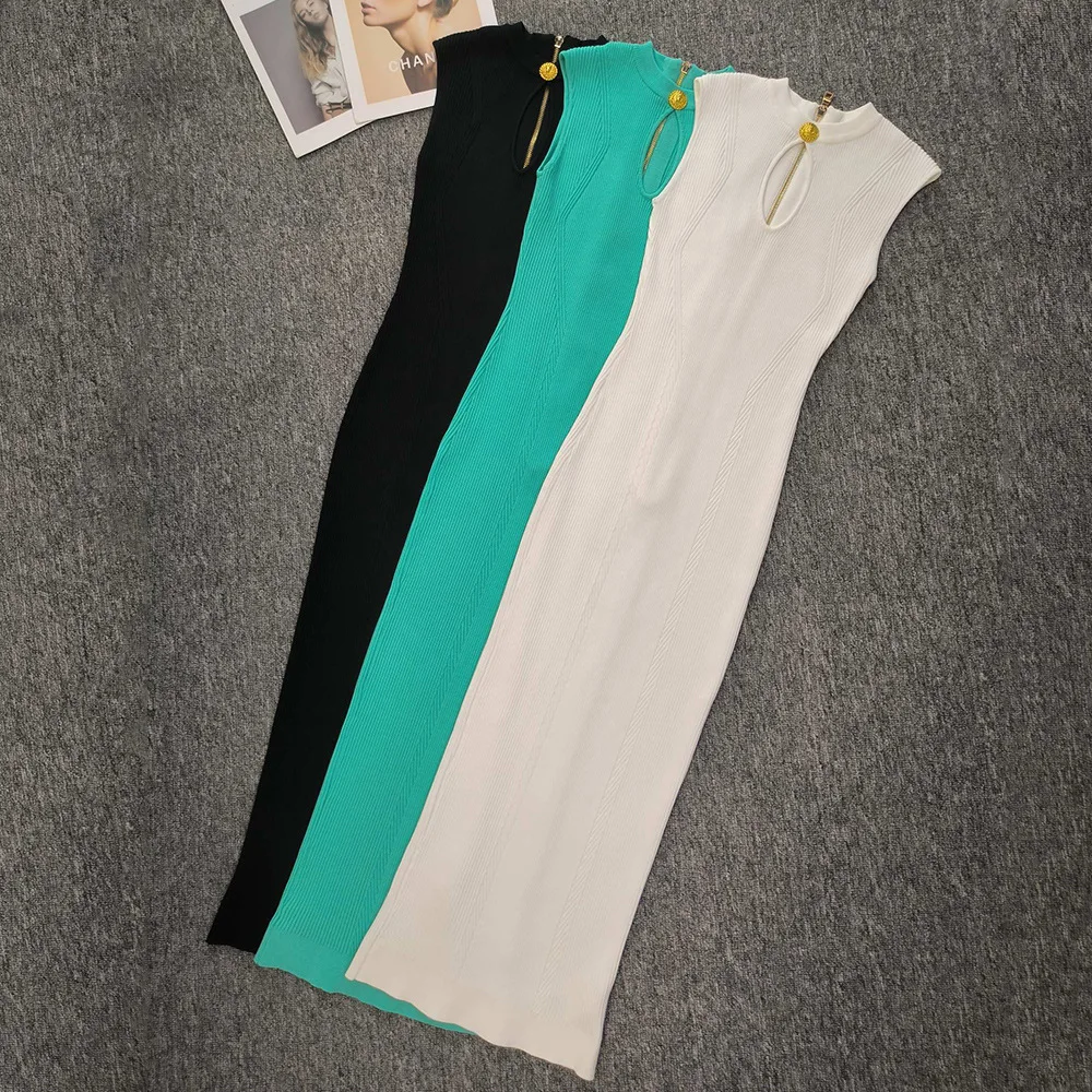 

2025 new fashion knitted round neck slimming sleeveless back zipper long dress
