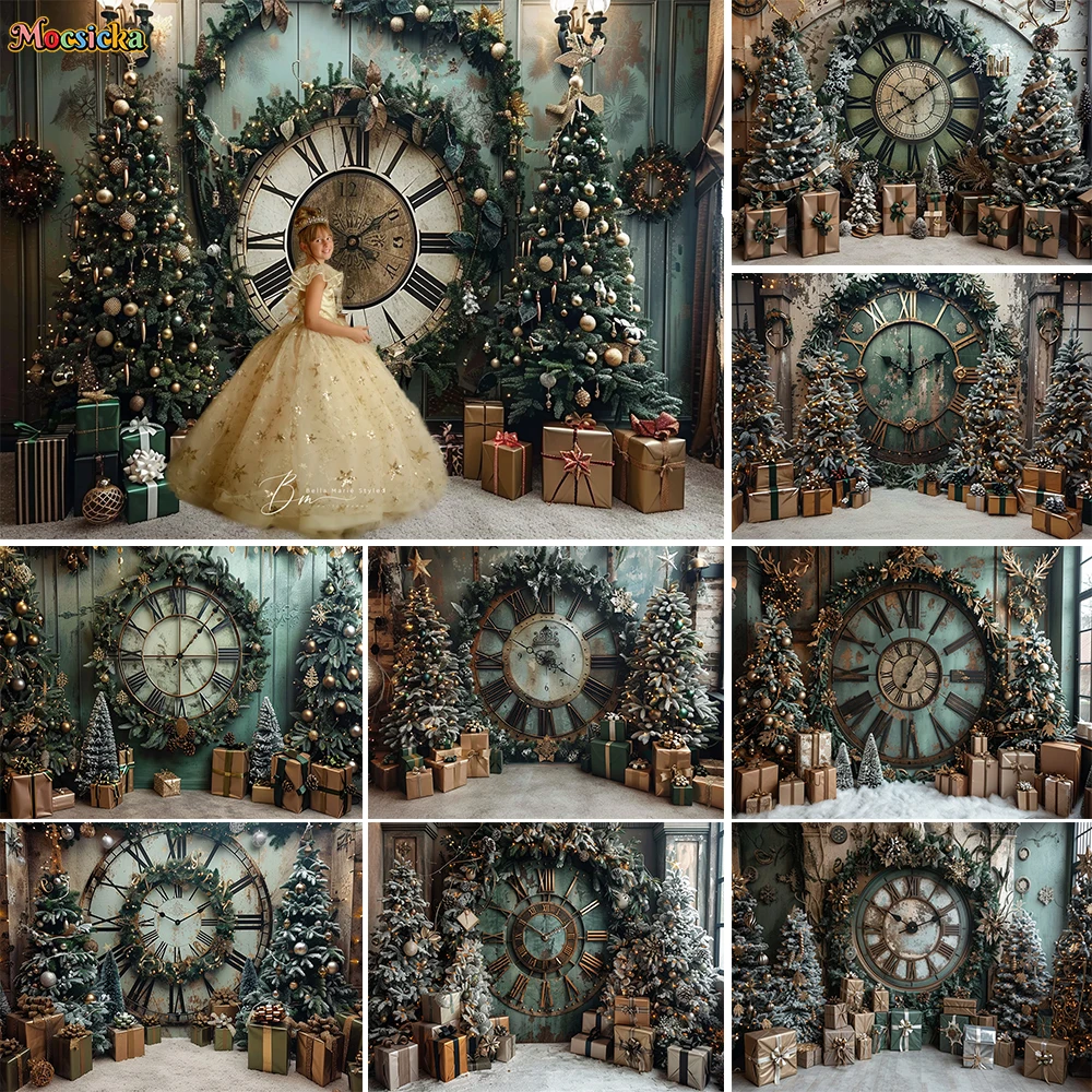 Merry Christmas Backdrops for Photography Giant Clock Xmas Tree Gift Green Background Decor Family Home Party Photozone Studio