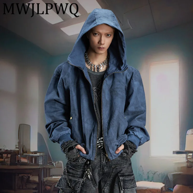 

MWJLPWQ Men's Vintage Dyed Distress Hooded Zipper Jacket Loose Unisex Versatile Trendy Outdoor Short Casual Tops Autumn 11945