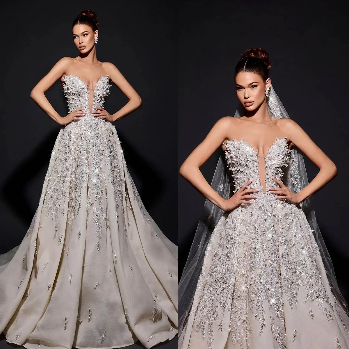 

Gorgeous Wedding Dress A-Line Strapless Appliques Crystal Sleeveless Sweep Train Bride Vestido De Noiva Custom Made