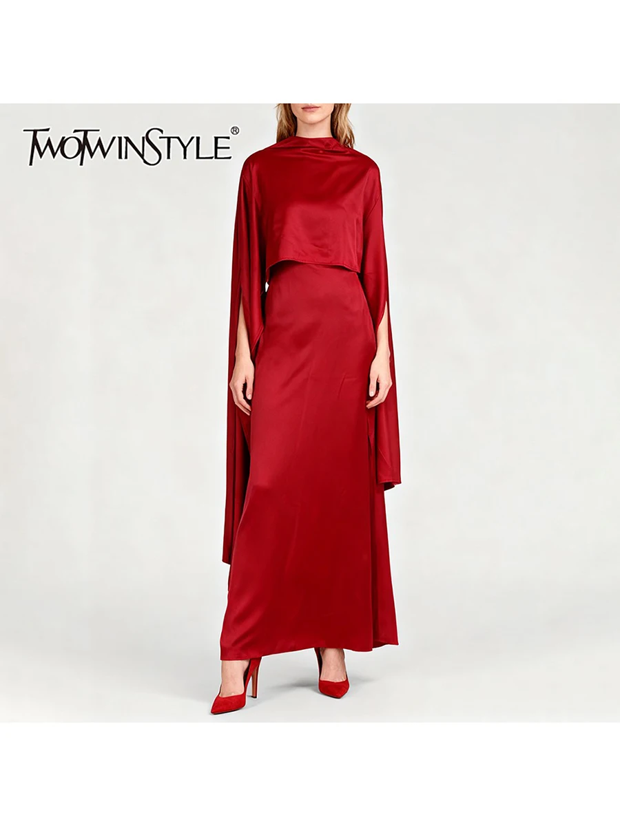 TWOTWINSTYLE Solid Slimming Spliced Shawl Elegant Long Dresses for Women Round Neck Sleeveless Evening Dress Female Autumn New