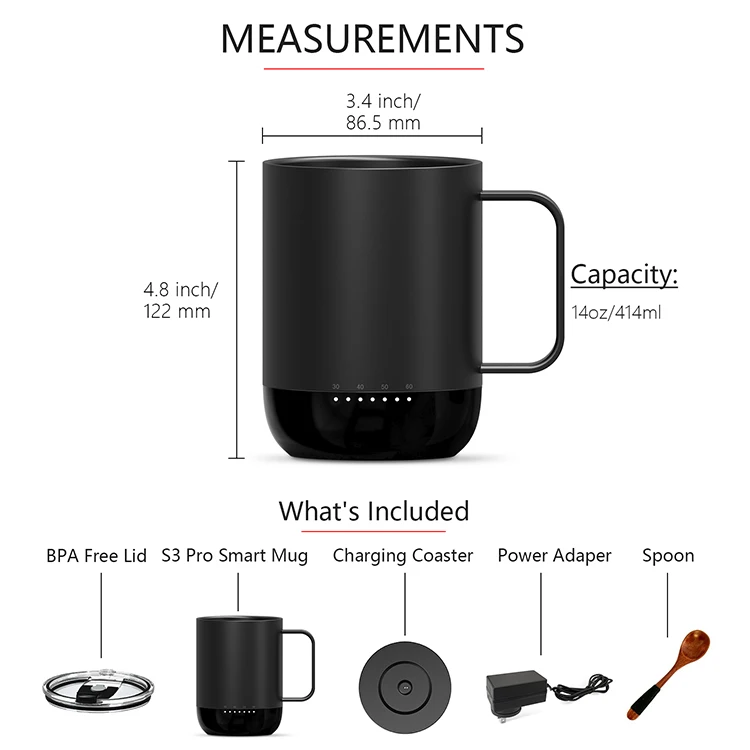 Vsitoo-taza de café inteligente S3 PRO, calentador inalámbrico con Control de temperatura, batería de 4 horas, 14oz