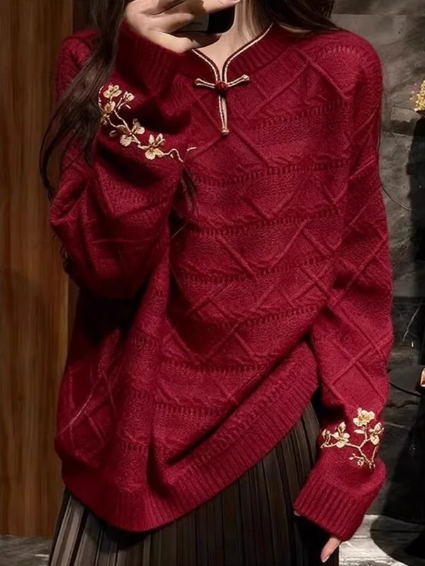 

Ele Long Sve Knitted Sweater Women's New Chinese Sle Embroidered Stand Collar High Quali Comfortable Soft Material