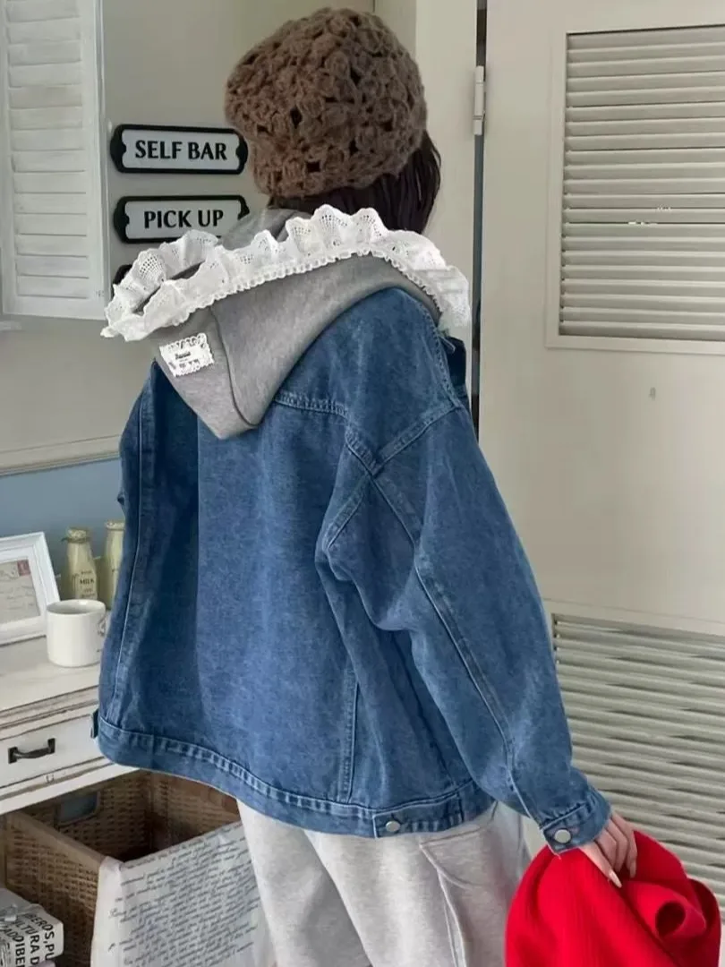 

Шикарный осенний свободный крой со съемной кружевной отделкой и капюшоном, джинсовый джинсовый джинс для женщин, универсальный повседневный костюм в китайском стиле