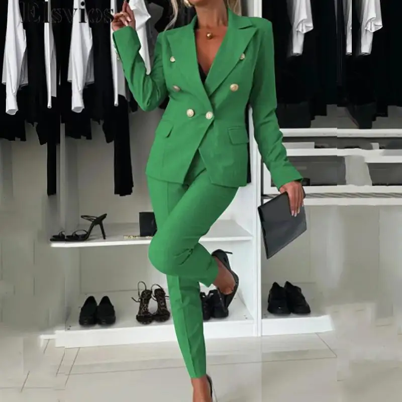 

Осень-зима 2023, офисный костюм из двух предметов с длинными рукавами для торжественных случаев, женский элегантный двубортный пиджак и брюки-карандаш, комплекты