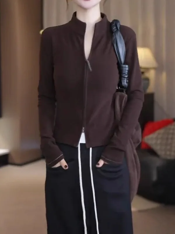 

Женская приталенная куртка с воротником на молнии, длинными рукавами, весенняя верхняя одежда больших размеров, модная повседневная модель для фигуры типа «груша»