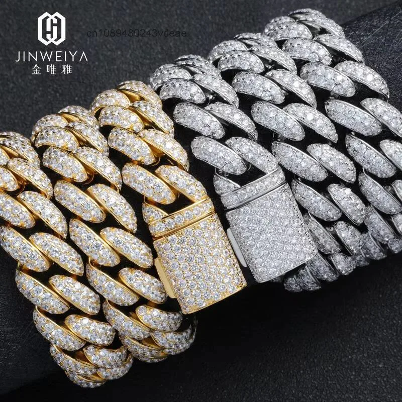 High Quality Hiphop Micro Pave S925 Silver Necklace 15mm Cuban Chains with Two Rows Polish for Men.