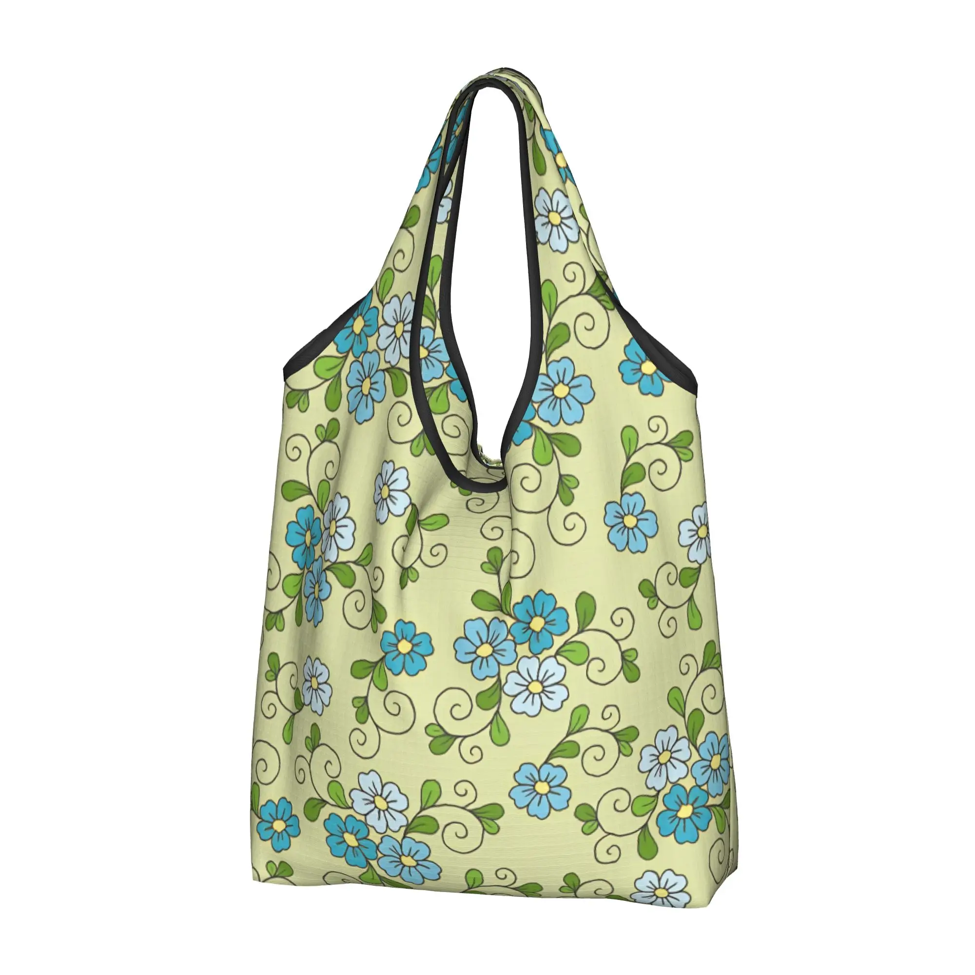 Reusable Blue Forget Me Not Flowers Shopping Bag Women Tote Bag Portable Seamless Floral Pattern Groceries Shopper Bags