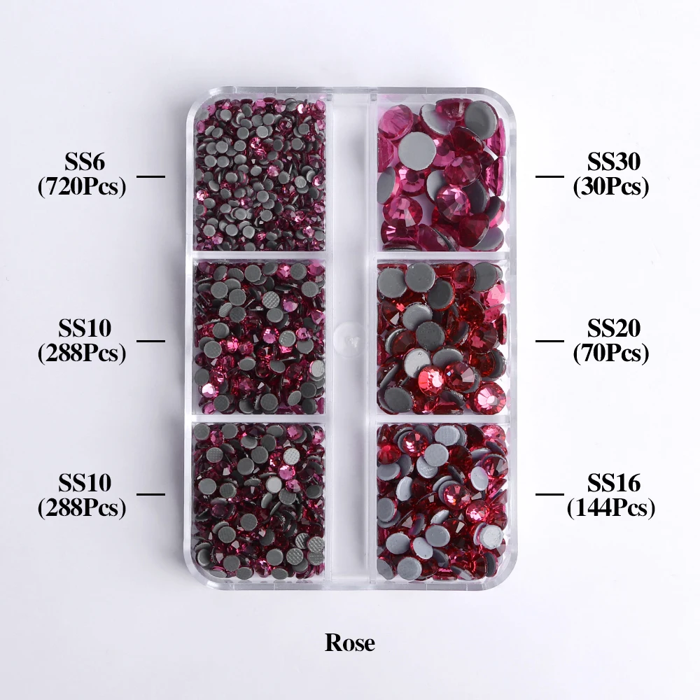 SS6-SS30 Gemengde Maten Glas Hotfix Steentjes 6Grid Box Platte Achterkant Glitter Kristal Strass Ijzer Op Steentjes voor Kleding
