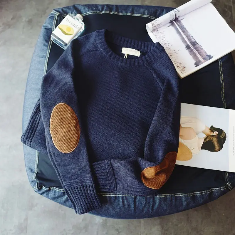 Men's Round Neck Patchwork Pullover Sweater Academic Color Block Thick Knit Top Korean Style Tops