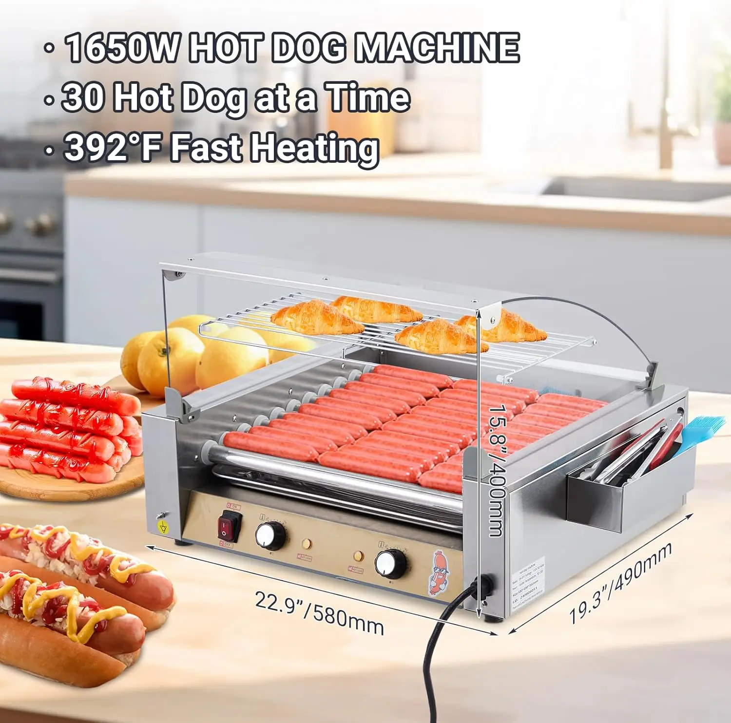 Hot Dog Roller - Sausage Grill Cooker Machine, Stainless Steel Hotdog Roller Grill And Bun Warmer With Glass Cover & Removable