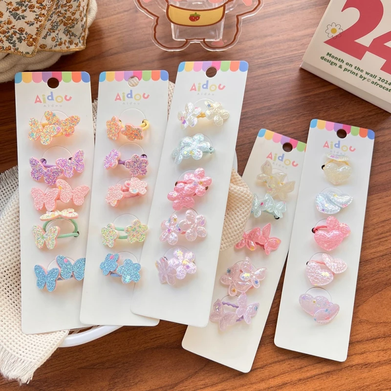 10Pcs/Lot Children\'s Hair Band Girls Rubber Band Headwear Flower Heart Shinny Baby Kids Hair Accessories Does Not Hurt The Hairs