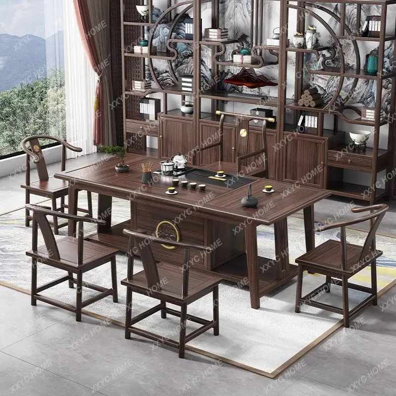 New Chinese Style Black Walnut Tea Table and Chair Set One Table Five Chairs Office Home Kung Fu Tea Brewing Table