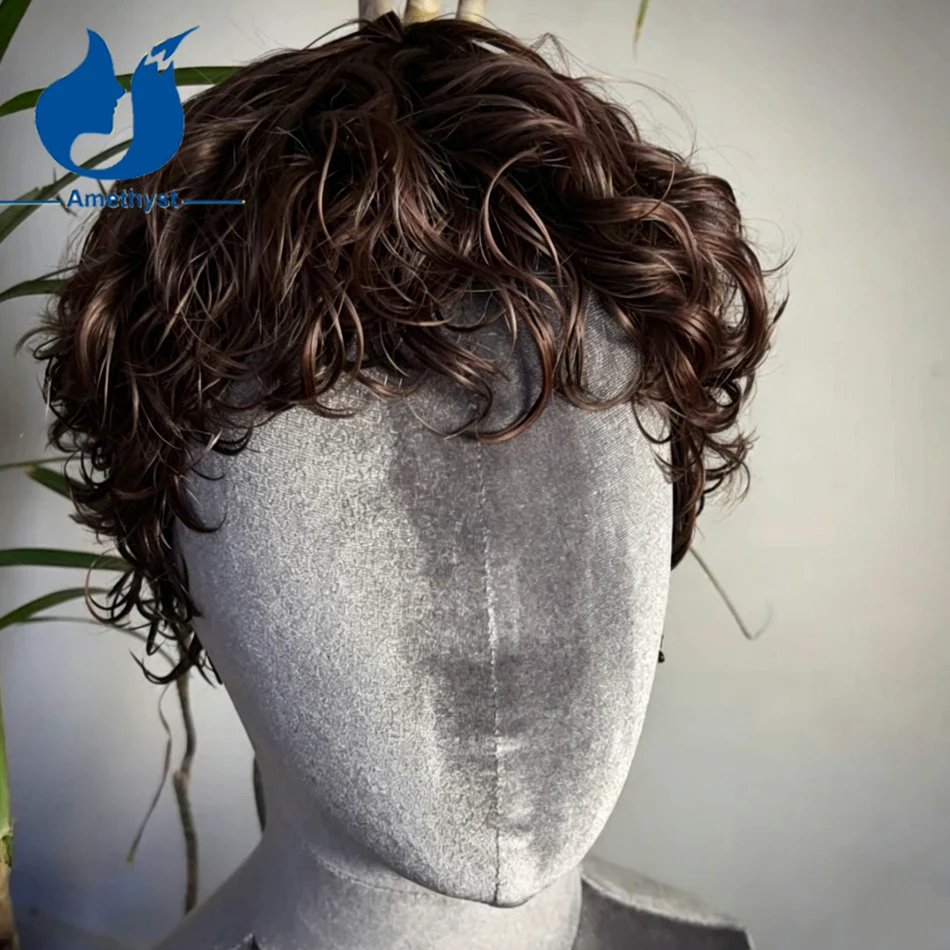 Amethyst Dark Brown Curly Male Wig #2 Pre-styled 13x6 Lace Front Human Hair Brazilian Remy with Bangs Short Pixie Cut for Men