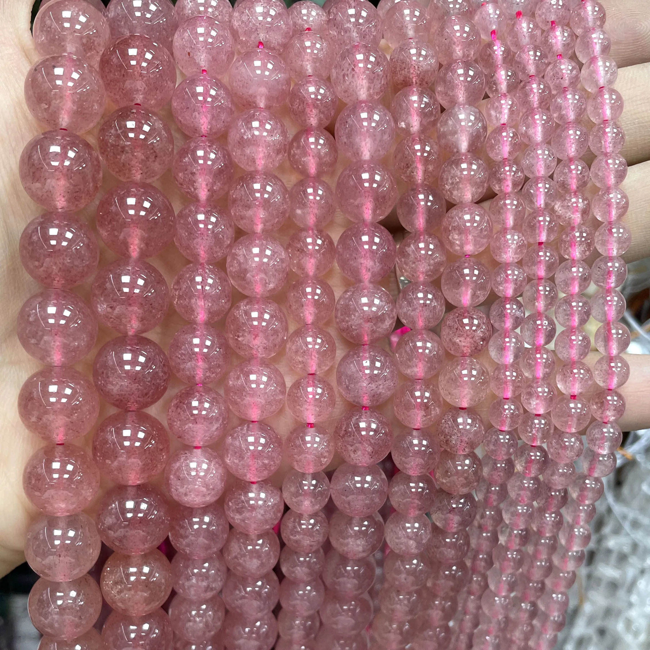 6 8 10MM piedra Natural fresa cuarzo cuentas de piedras preciosas redondas sueltas piedra para fabricación de joyería Diy accesorios de pulsera 7,5''