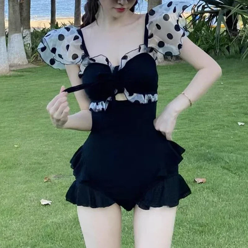 Vintage Polka Dot Swimwear Women Chic Spliced Mesh Ruffles Skinny One Piece Swimsuit 2025 New Fashion Elegant Lady Bathing Suit