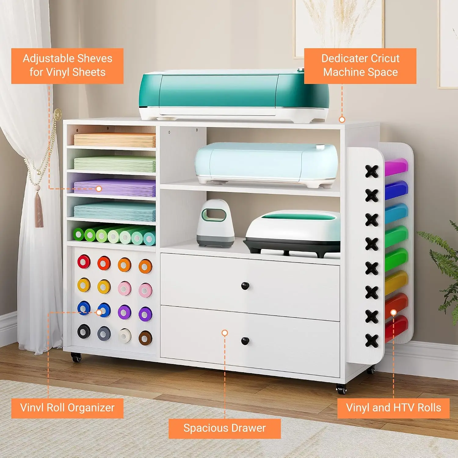 1pc Multi-functional Craft Cart Compatible with Machines 42'' Rolling Craft Storage Cabinet Heavy Duty Mobile Craft Organization Station for Workstation 24 Vinyl Roll Holders