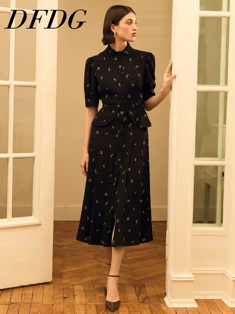 

Женское летнее платье DFDG 2026 с цветочным принтом, миди, с воротником Питер Пэн, пышными рукавами, баской и пуговицами спереди, элегантное офисное платье