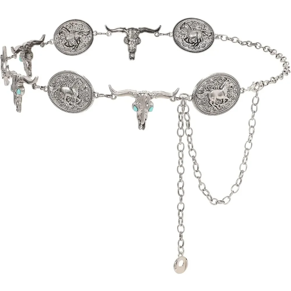 Western Metal Concho Belt for Women Vintage Cowgirl Boho Turquoise Chain Belts for Dresses Jeans