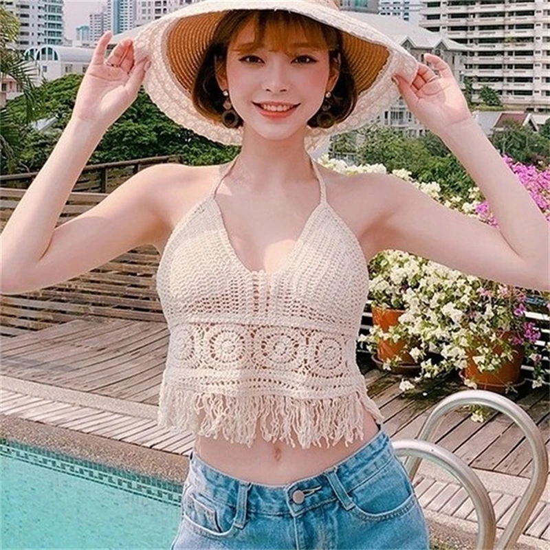 Women Beach Crop Tops Hollow Out Cover-ups Perspective Tassel Strap Vest Bra