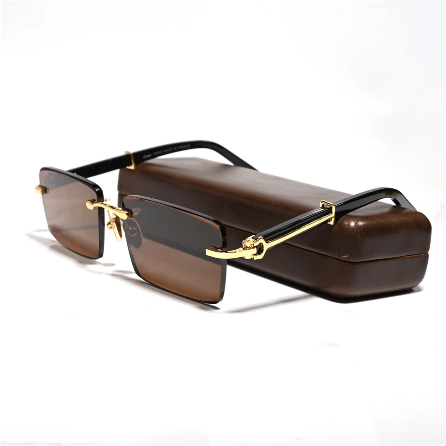 

Vazrobe Glass Sunglasses Men Women Wood Rimless Gold Glasses Male Natural Crystal Brown Stone Lens Anti Scratch Brand Design