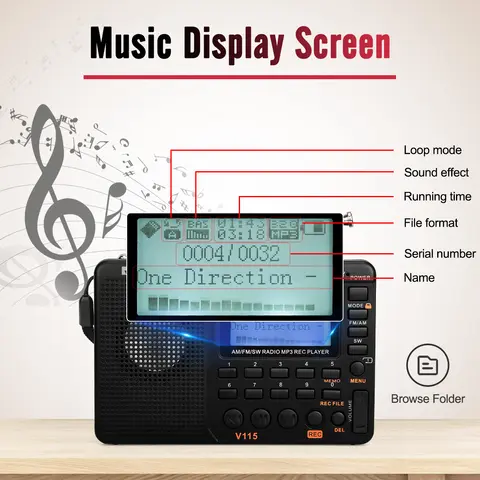 RETEKESS V115 Radio FM AM SW Portable Radios Rechargeable  Radio Batteries multiple bands  USB Recorder Speaker for Elders TX32