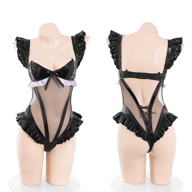 Disfraz de Katze de cuero PU gótico para mujer, body Sexy de Anime, lencería con cuello en V, uniforme, trajes transparentes de tentación