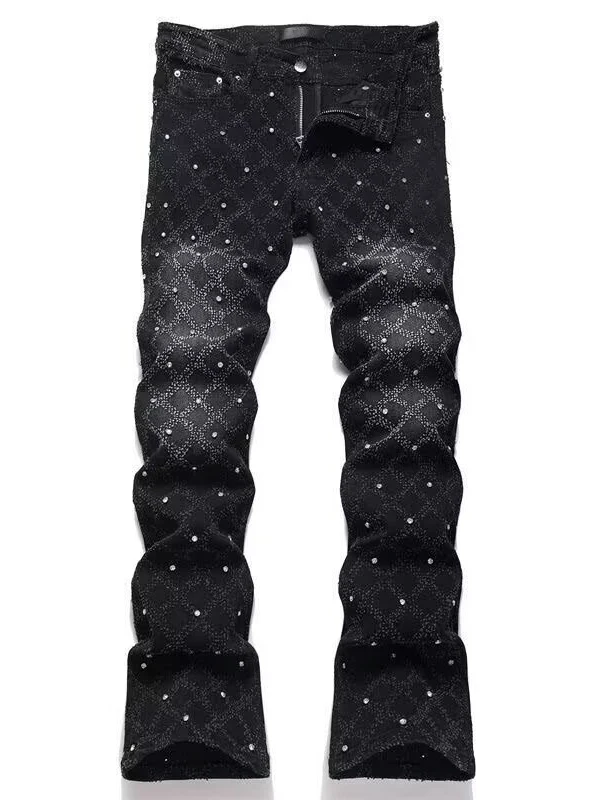 

Мужские повседневные джинсы прямого кроя с легким расклешением, с бриллиантовой отделкой, износостойкие, удобные, на все сезоны, длинные брюки