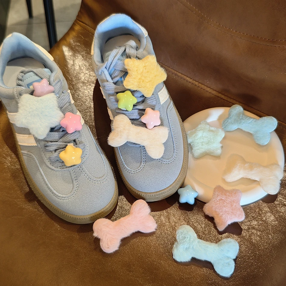 Pastel Plush Bone Star Shoe Charms, Detachable Shoe Lace Clips, Kawaii Fluffy & Resin Star Ornaments, Sweet Footwear Decoration