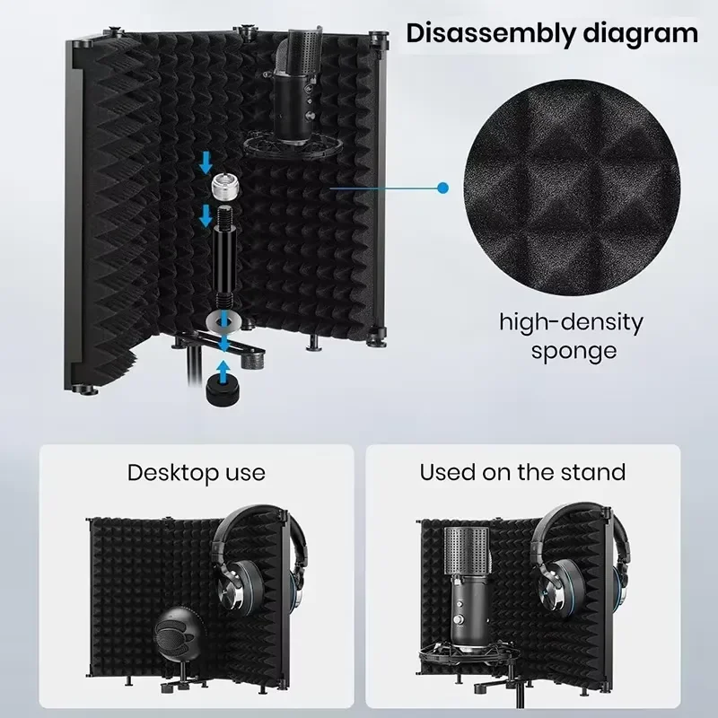 Foldable Studio Microphone Shield 5 Panel Adjustable Microphone Shield Isolation Reflection Filter Vocal Booth for Recording view 5