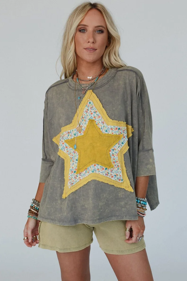 

Retro Washed Distressed Short-sleeved T-shirt For Women 2024 Summer New Style Star Patch Three-quarter Sleeve Pullover Top