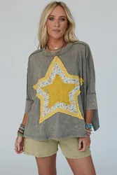 Retro Washed Distressed Short-sleeved T-shirt For Women 2024 Summer New Style Star Patch Three-quarter Sleeve Pullover Top