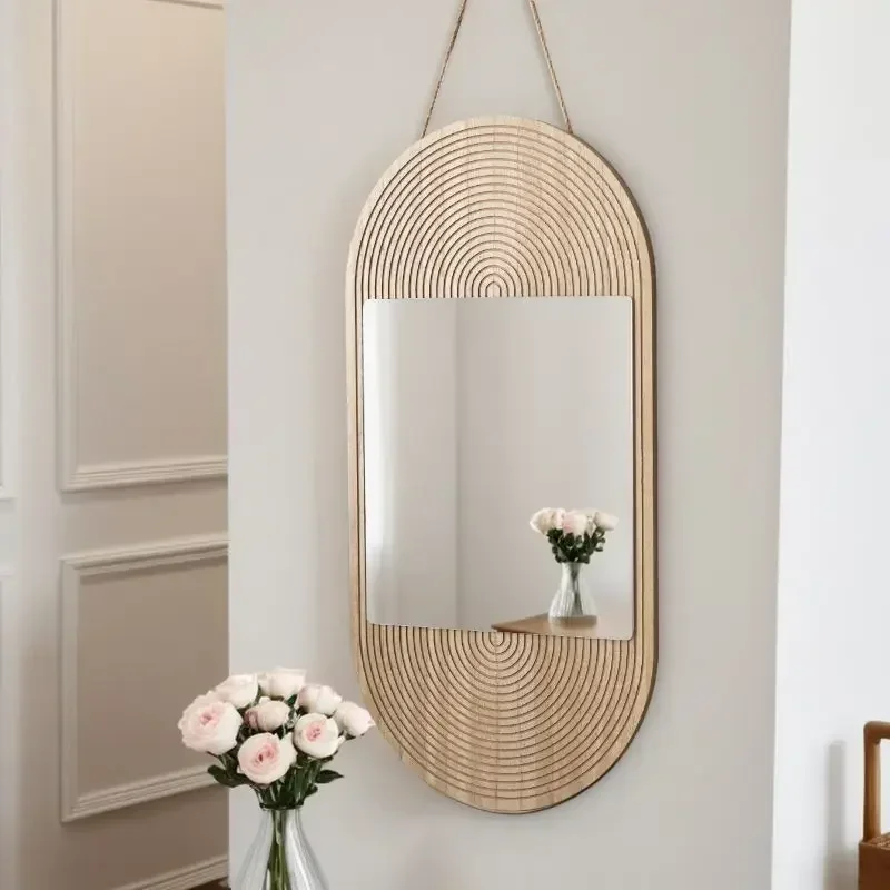 Retro Solid Wood Wall Mirror – Non-perforated Design for Bedroom & Homestay, Wall-mounted Mirror for Bathroom, Stylish Decorativ