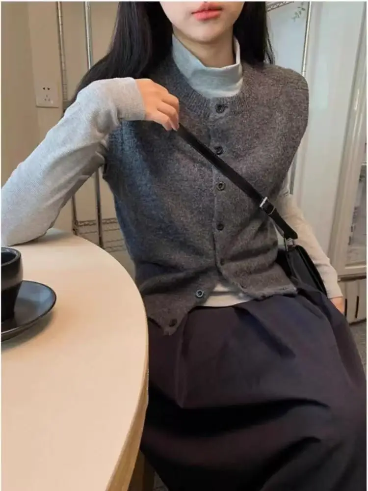 

00% Pure Wool Knitted Cardigan Vest Women's round Ne Svel Sweater oulder Pad Top Layered Chinese Commute Sle