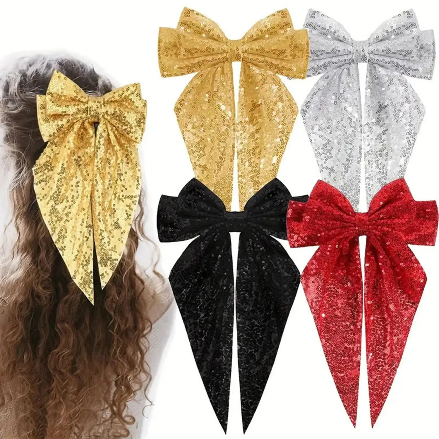 Women Bow Ribbon Hair Clip Sequined Elegant Solid Spring Clip Hair Pin Elegant Retro Headband Clips Girls Hair Accessories