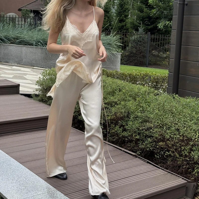 

Combhasaki Women Satin Silk Floral Lace Trim Patchwork Vest Top Y2k Silky Drawstring Side Slit Low Cut Camisole Slip Shirt Dress