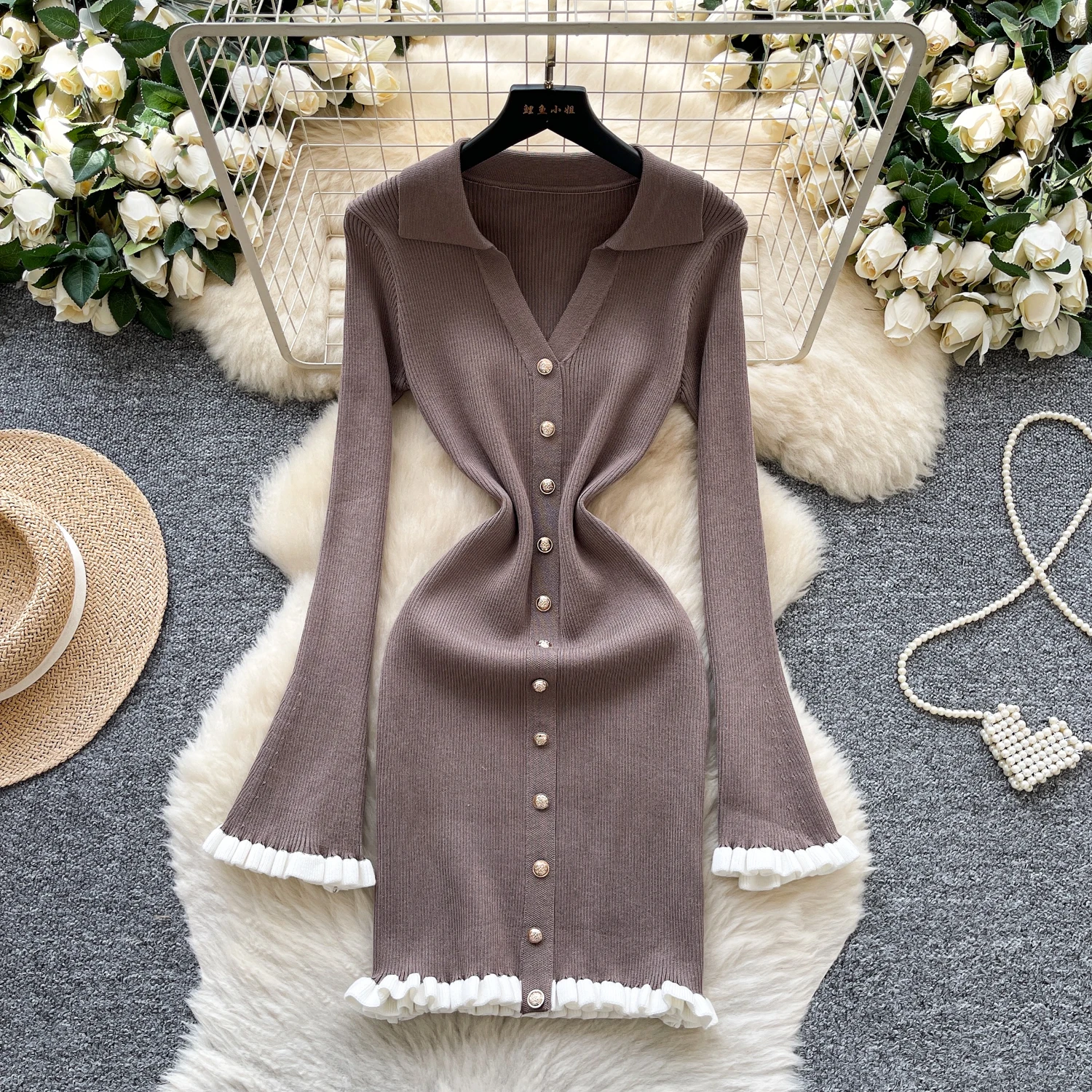 Chic vintage Impiombato aderente manica lunga Maglia Elegante Fata moda coreana Boho Vestito estivo da donna mini abito