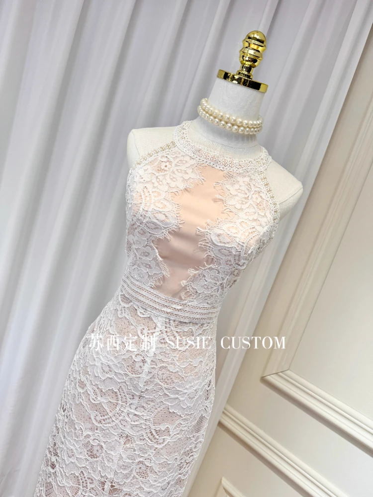 فستان سهرة فرنسي أنيق اجتماعي دانتيل مرقع رسن خارج الكتف بدون أكمام عالي الخصر سبليت Bodycon فستان طويل للنساء