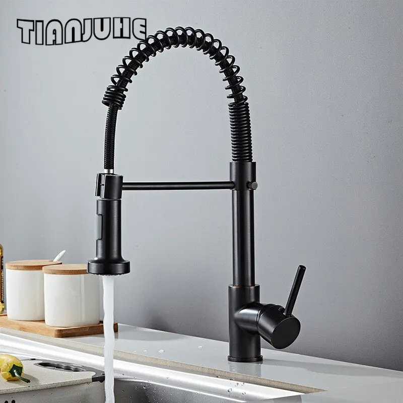 Kitchen Faucets Commercial Solid Brass Single Handle Single Lever Pull Down Sprayer Spring Kitchen Sink Faucet Matte Black