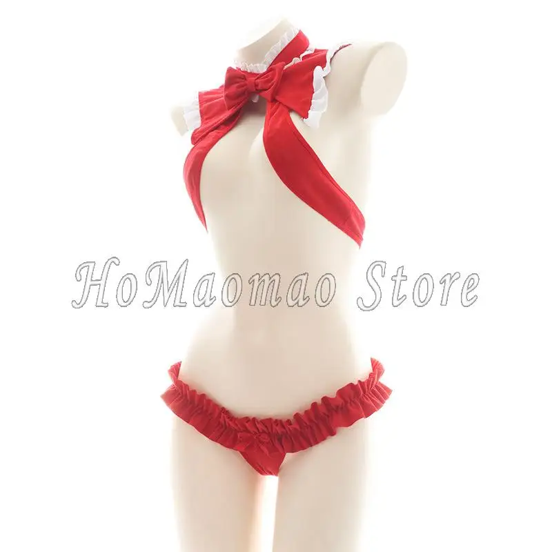 Santa Sexy Costume Christmas Lingerie Set Cute Hollow Out Bikini Bowknot Ruffle Halter Neck Bra Rabbit Tail Briefs Cosplay Set