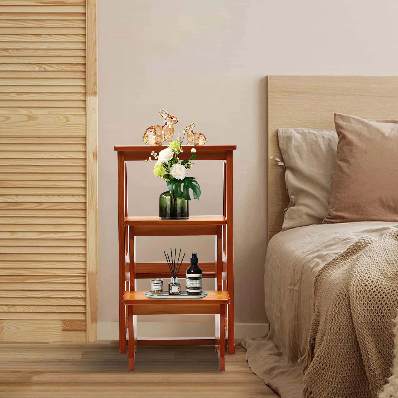 Rak Tangga, Kayu Solid Berkualitas Tinggi, Finishing Warna Madu, Desain Lipat, Stabilitas Tinggi dengan Kapasitas 264,55 lbs, Anti Selip