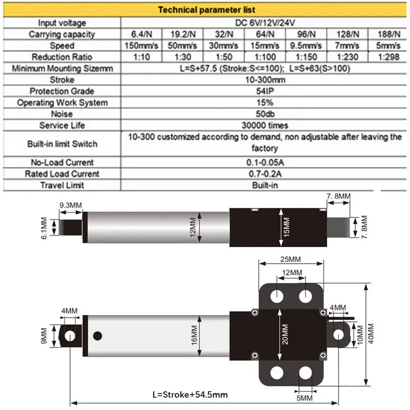Mini Electric Linear Actuator Stroke 10mm~50mm DC6V 12V 24V Built in Limit Switch Cylinder Push Rod for DIY Toy 6.4N.m~188N.m