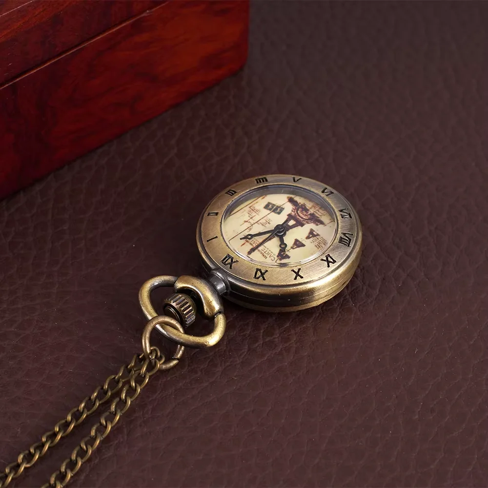 Small pocket watch Bronze single case quartz Roman scale tower design yellow pocket watch hang watch