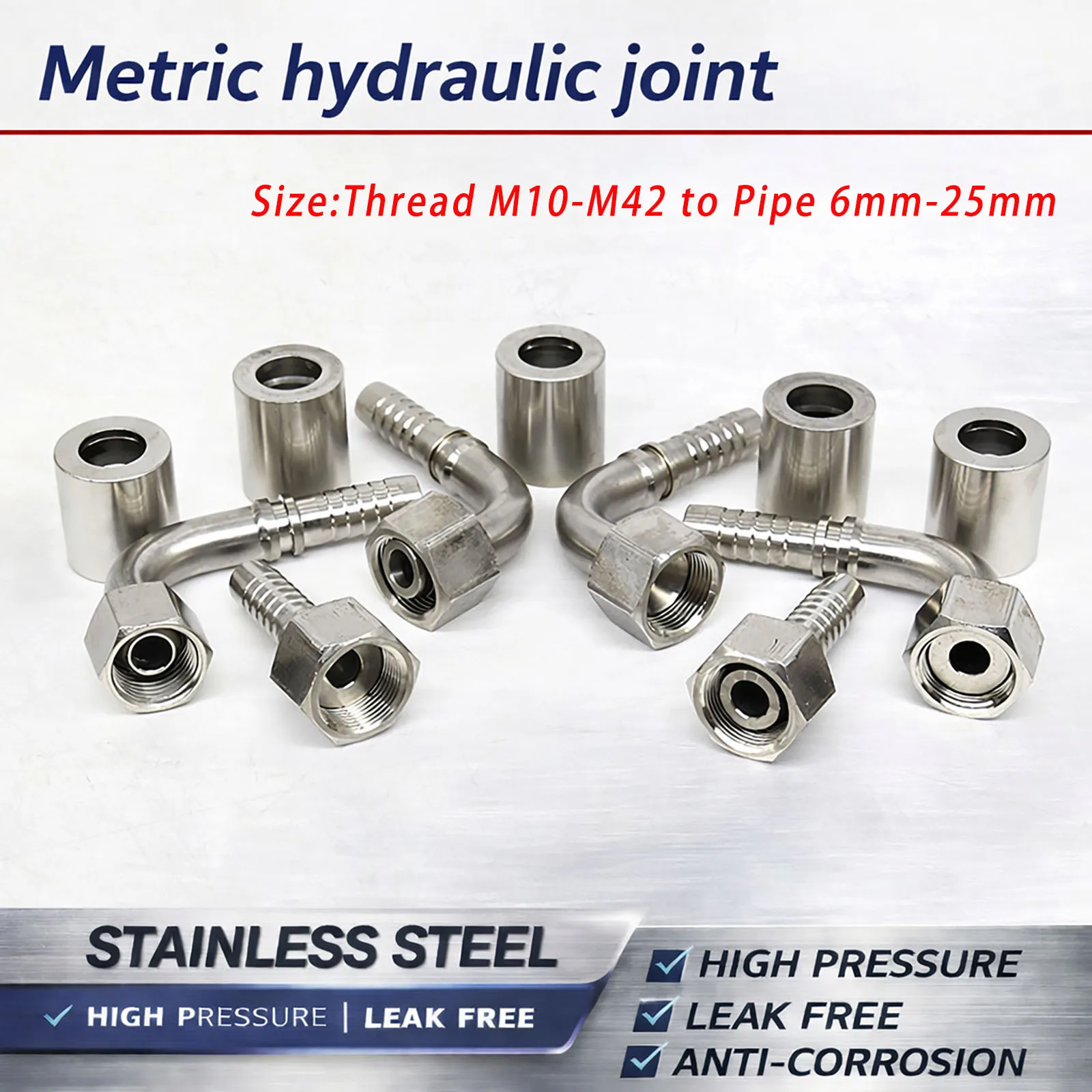 

Metric Hydraulic Hose Fittings M10-M42 Barbed Tube Connector 6mm-25mm Compression Sleeve High Pressure Stainless Steel Joint Set