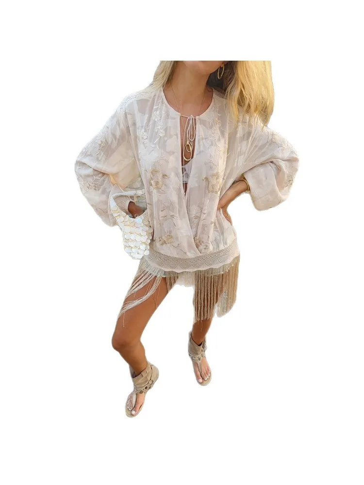 QICHE 2026 Summer Women Bohemian Cover‑Up Top Deep V Neck Embroidery Fringe Hem Blouse European American Style Shirt view 5