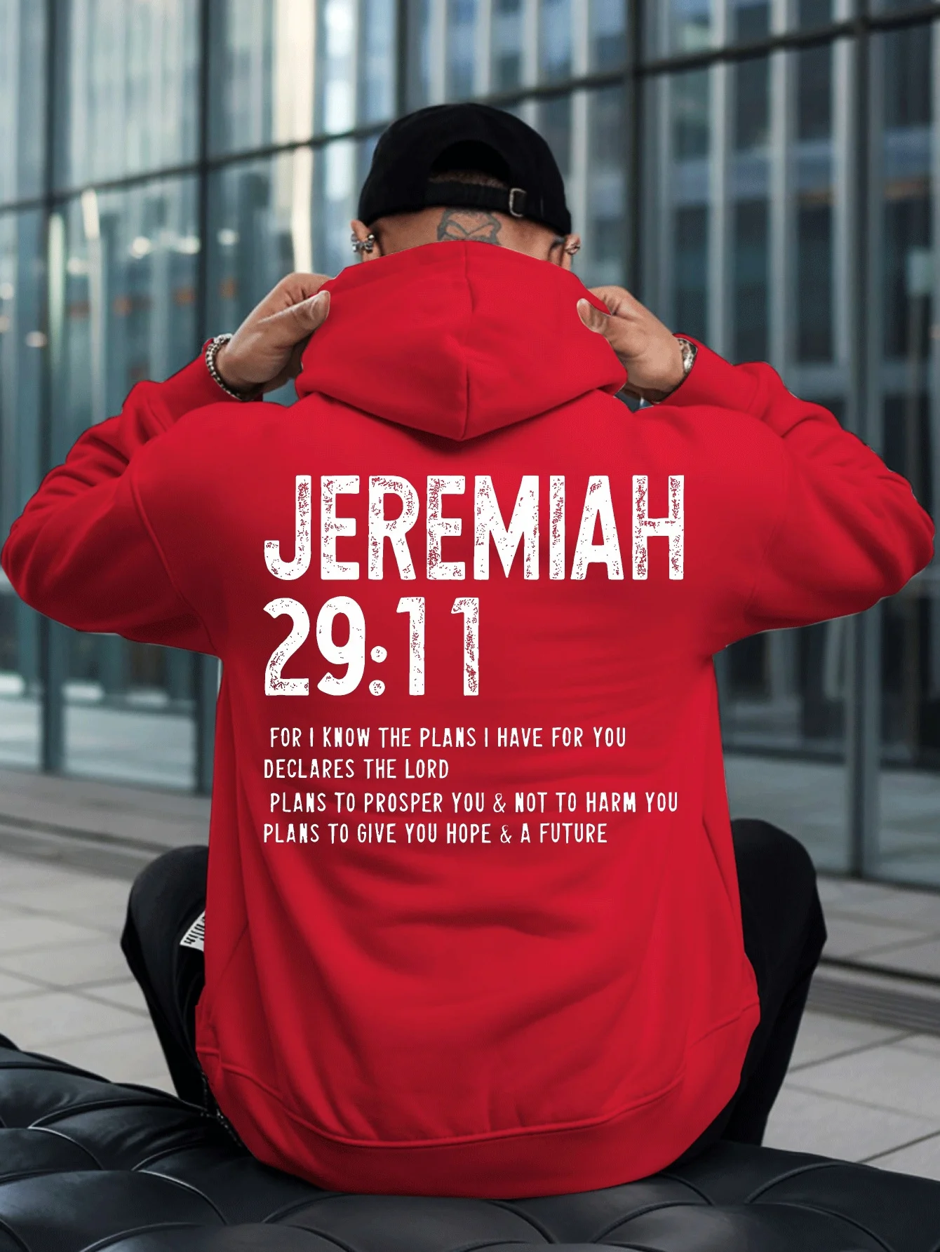 Spiritual Support Men's Loose Hooded Sweatshirt - Bible Inspirational Texts Retro Text Elements Back Print Pullover Sweater