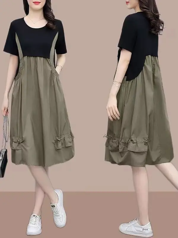 

plus Size 200 Pounds Fake Two-Piece Dress Summer Slimming Belly Covering Midi Length Strap Dress Korean Style Loose Fit Short...