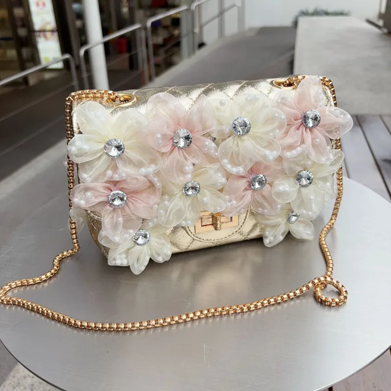 

2025 Luxury Designer Women 3D Flower Diamonds Shoulder Crossbody Bag Brand Argyle Pattern Square Handbag Lattice Evening Bag