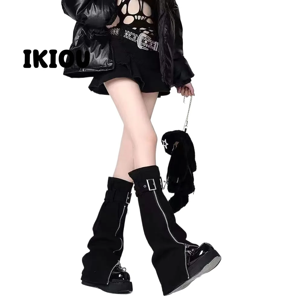 IKIOU 2024 New Y2K Punk Flared Denim Leg Warmers - Black with Adjustable Zipper for Slim Fit  lolita socks